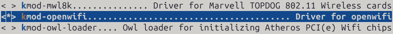 menuconfig: the Openwifi kernel package (kmod-openwifi)